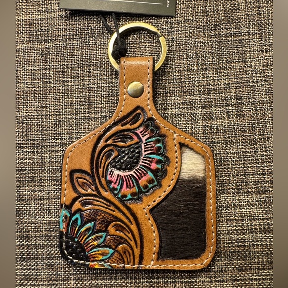 1041-MRR Myra Bag Leather Hand Tooled Key Fob NWT S-9834 “Petals & Posies” - Picture 1 of 7